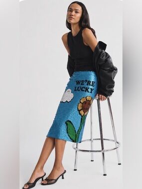 NWT Blue Sequin “We’re Lucky” Graphic Flower Midi Pencil Skirt Novelty Party